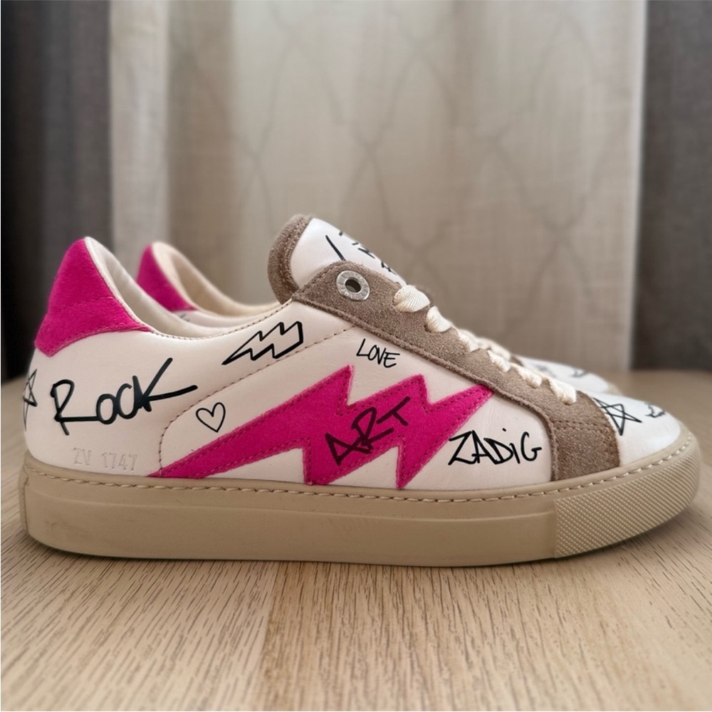 Zadig & Voltaire Graffiti Lightning Sneaker in White & Pink